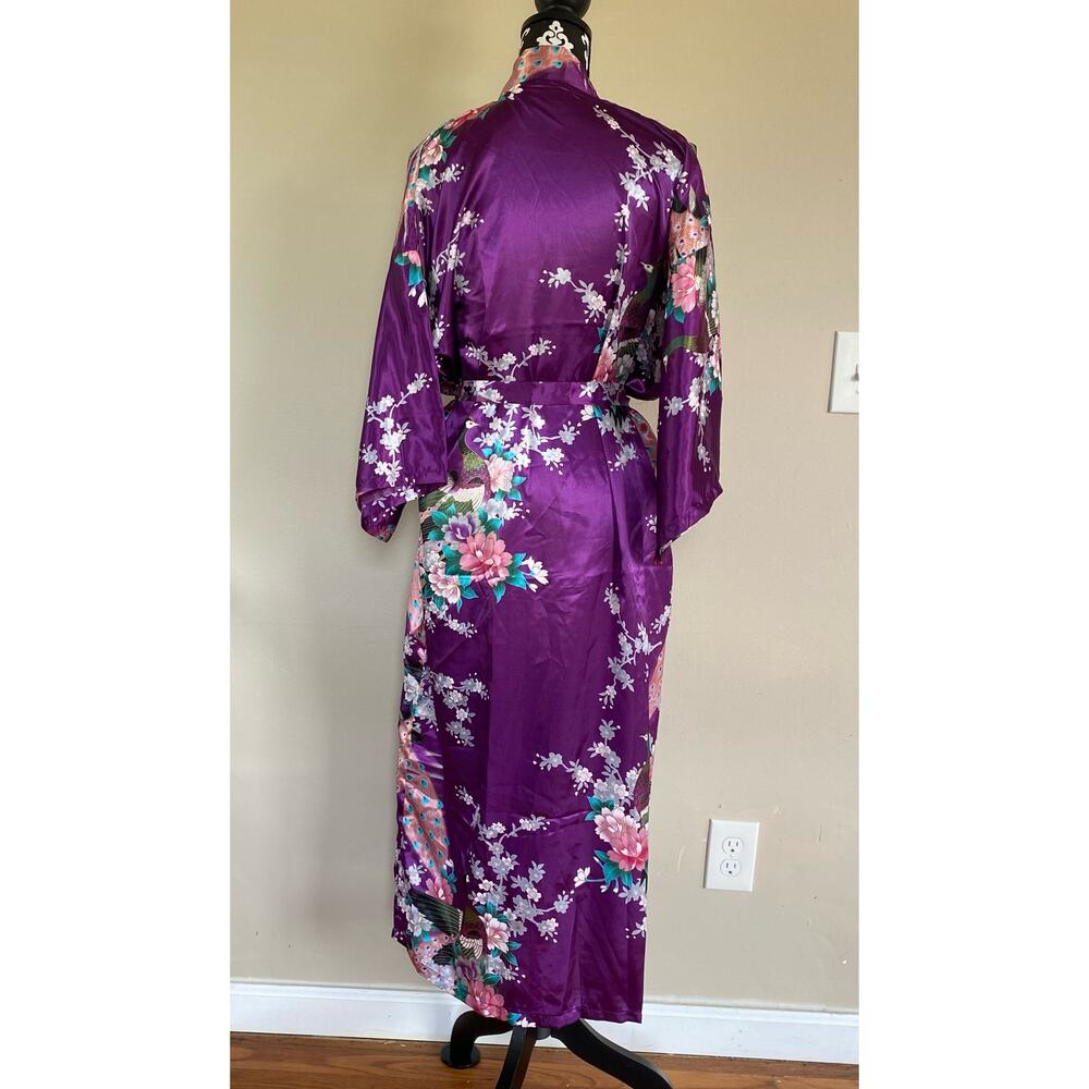 Vintage Lian Lin kimono purple peacock blossoms size XL silky sash belt China - Picture 4 of 4